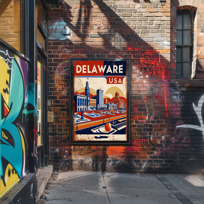 Delaware Waterfront Skyline Retro USA Vintage Maroon Travel Poster