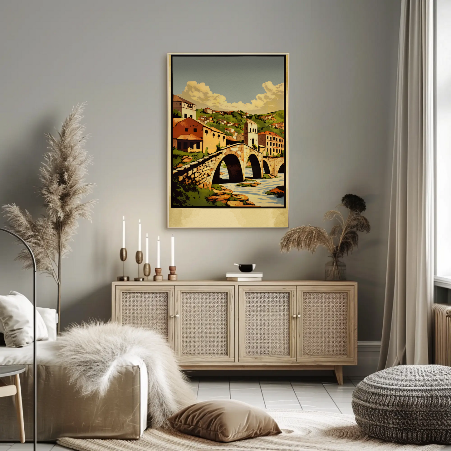 Stone Arch Bridge European Village Landscape Travel Poster