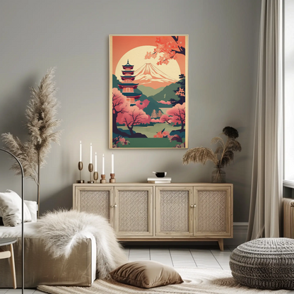 Japan Fuji Pagoda Sakura Moon Spring Sunset Travel Poster