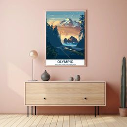 Olympic National Park travel poster with vintage-modern blend