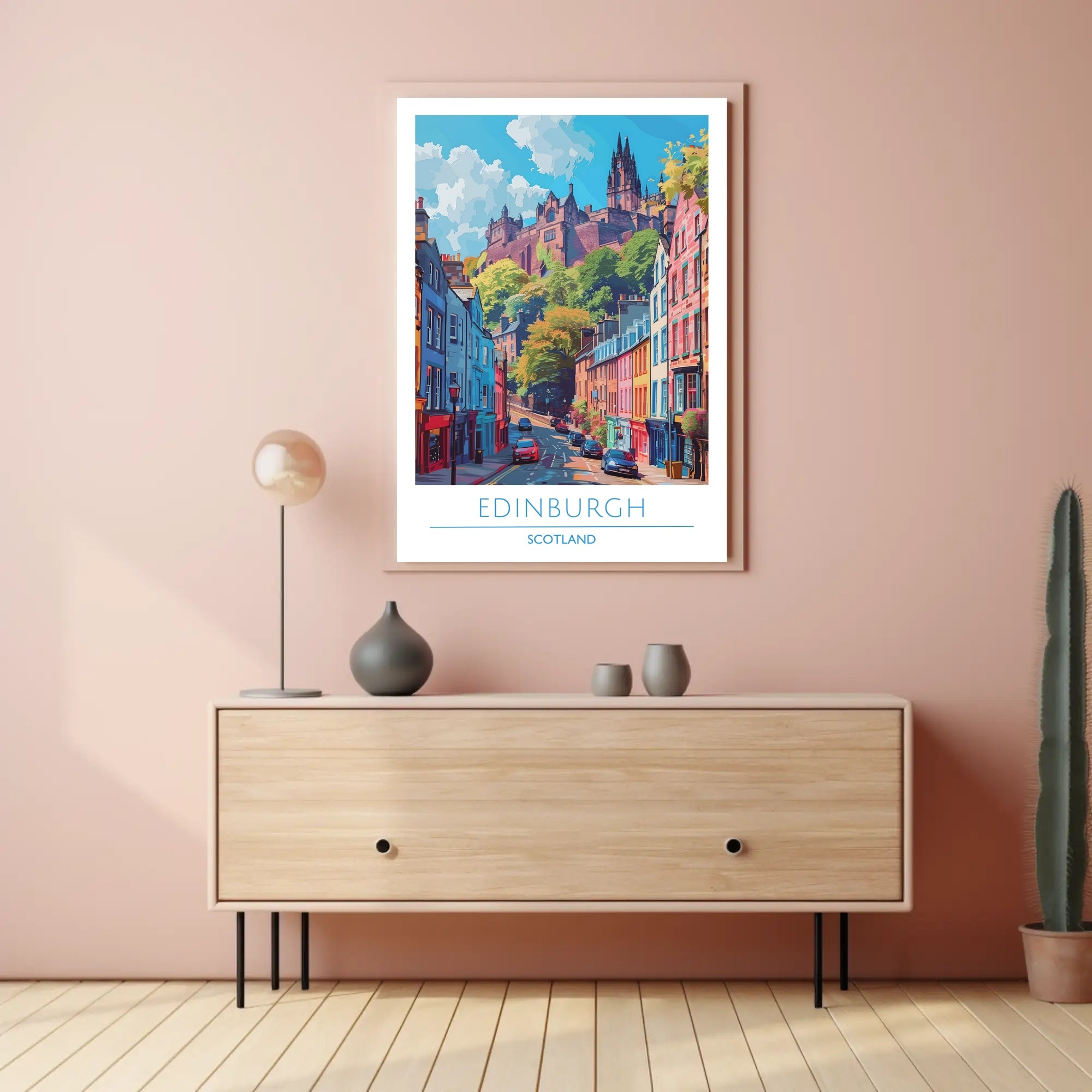 Edinburgh Street Scene with Castle Travel Poster