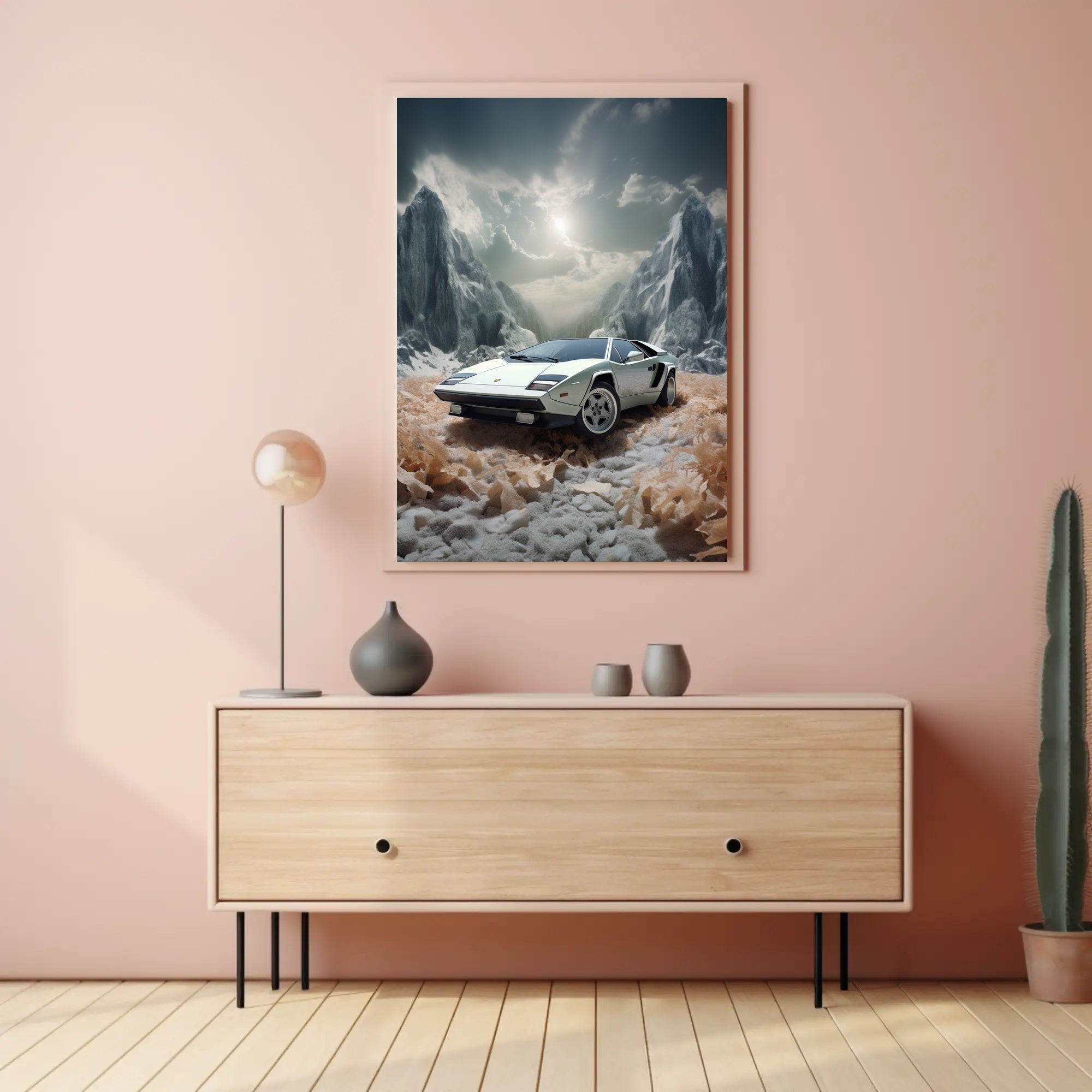 Classic Supercar in a Surreal Landscape Poster PosterGoat