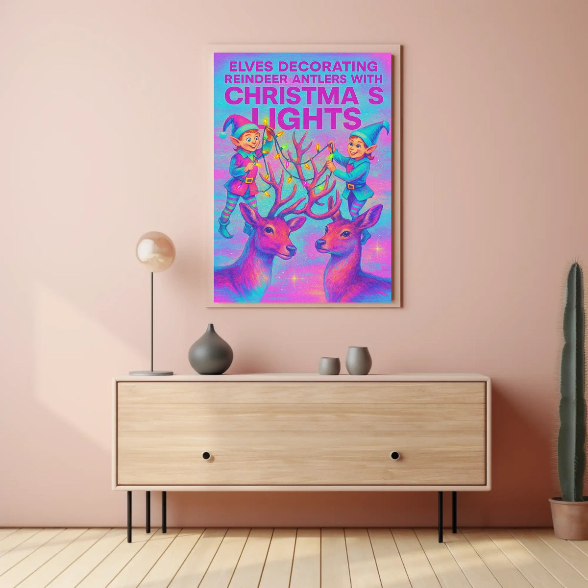 Elves Decorating Reindeer Antlers Poster