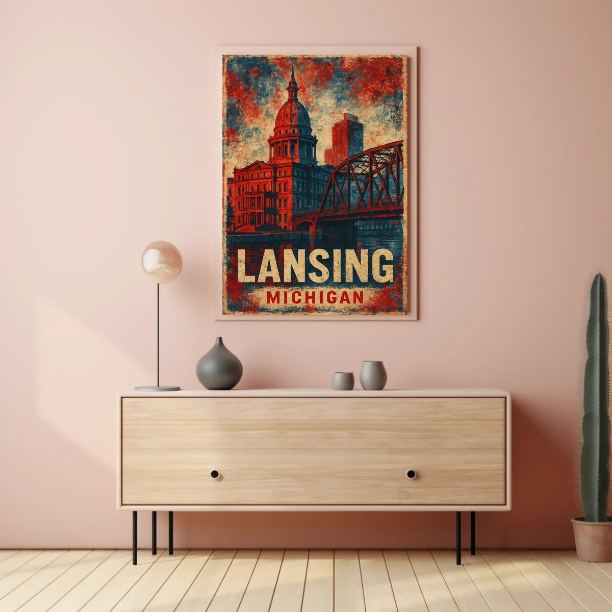 Lansing Cityscape Retro Typography Collectors Poster