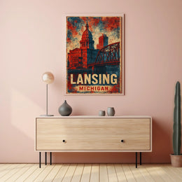 Lansing Cityscape Retro Typography Collectors Poster