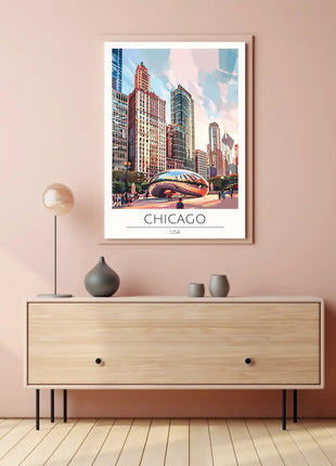 Chicago Skyline Travel Poster with Cloud Gate Landmark