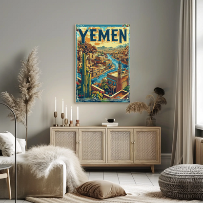 Yemen Traditional Architecture River Valley Travel Poster