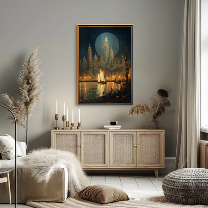 New York City Night Lights and Boat Travel Poster