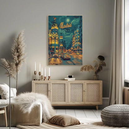 Madrid Night Drive Glowing Lights Retro Travel Poster