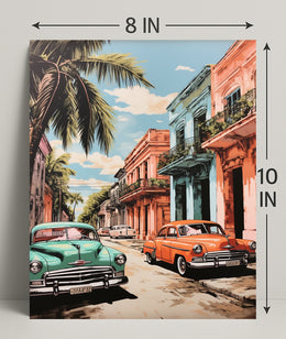 Vintage Cars In A Tropical Street Poster