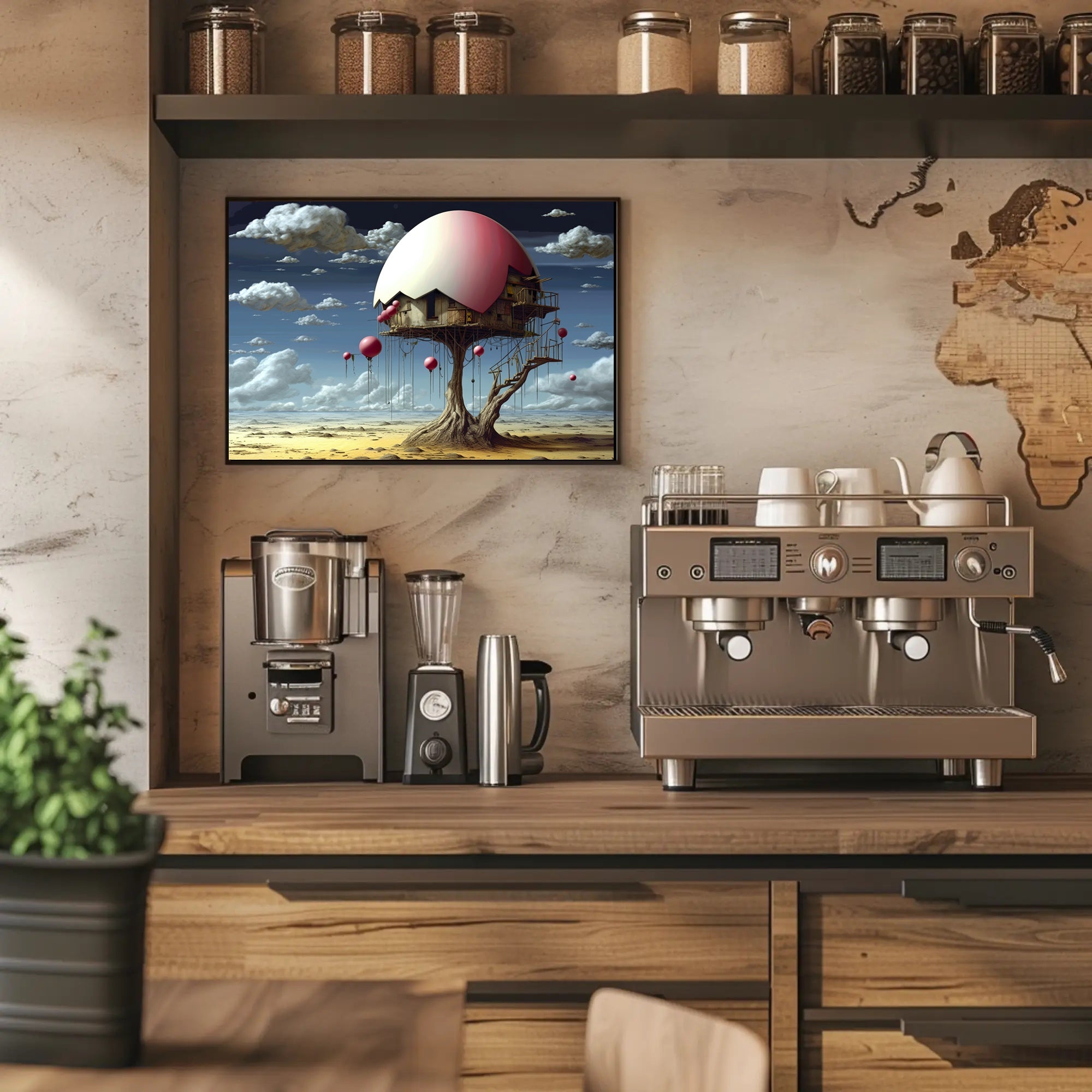 Surreal Desert House with Whimsical Balloons Artistic Poster