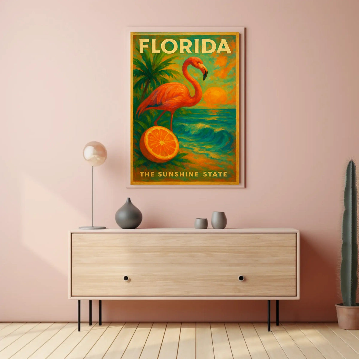 Florida Sunset Flamingo Poster For Beach Decor Vibe