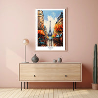 Parisian Street with Eiffel Tower Urban Cityscape Poster PosterGoat