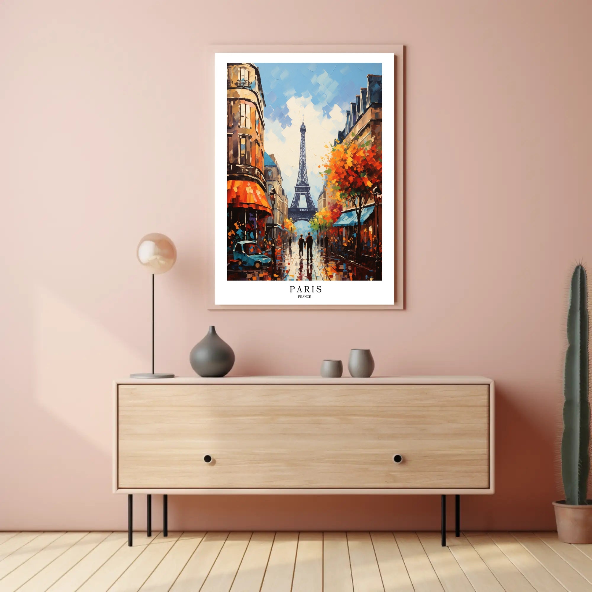 Parisian Street with Eiffel Tower Urban Cityscape Poster PosterGoat