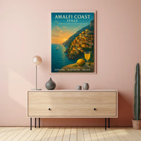 The poster showcases the Amalfi Coast in Italy, emphasizing its timeless beauty and Travel Poster