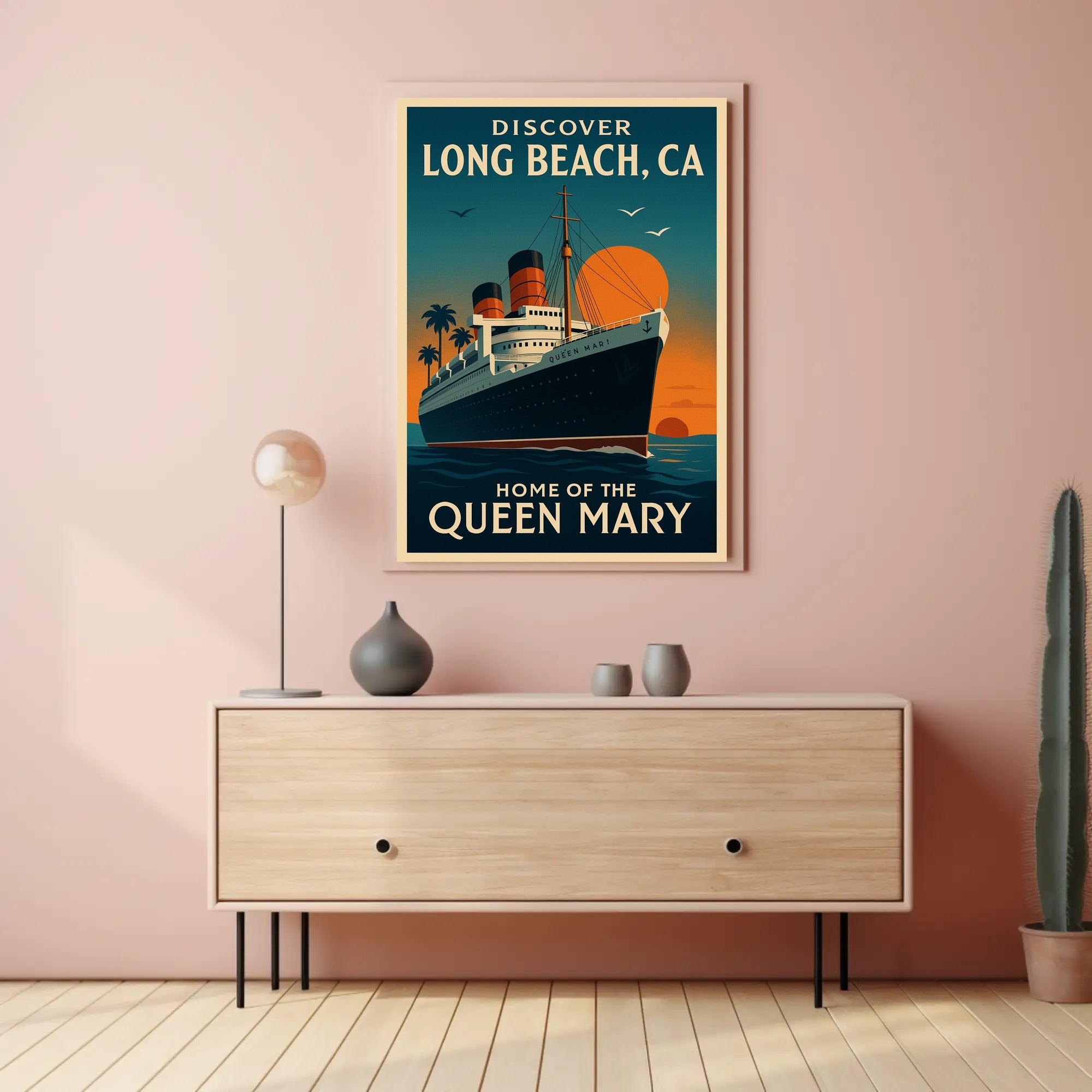 Long Beach Queen Mary Vintage Travel Poster