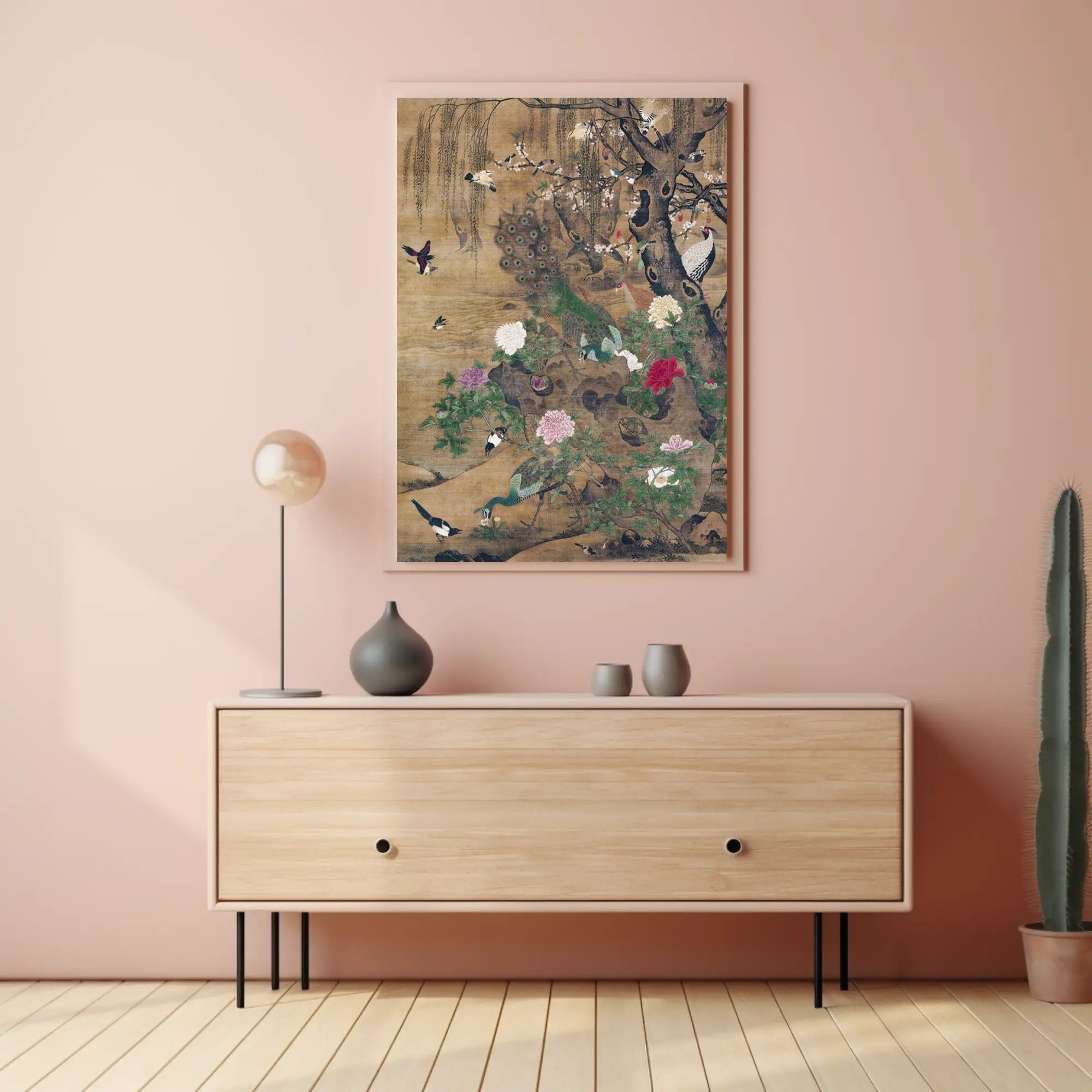 Serene Nature: Vibrant Peacocks and Blossoming Trees Poster