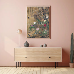 Serene Nature: Vibrant Peacocks and Blossoming Trees Poster