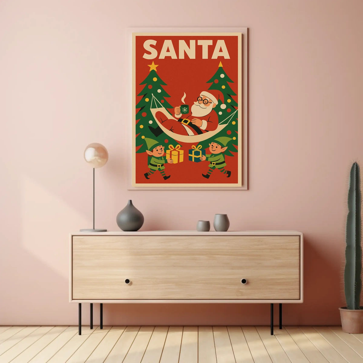 Santa Claus Relaxing in Vintage Christmas Poster