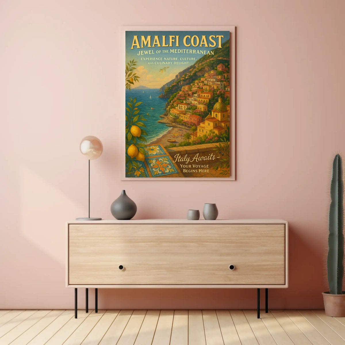 Amalfi Coast Vintage Travel Poster: Mediterranean Charm