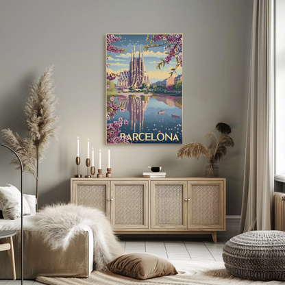 Barcelona Spain Blossoms and Cathedral Travel Poster