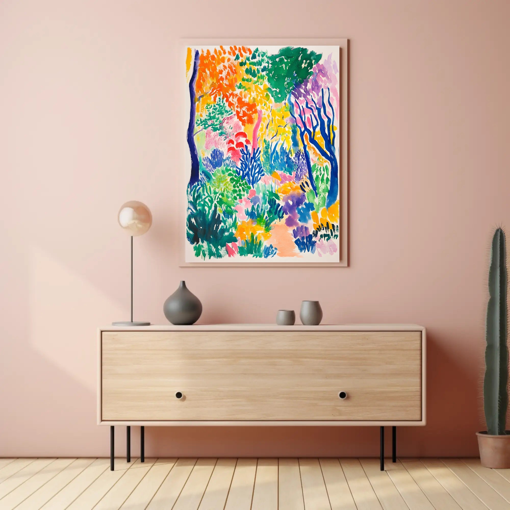 The poster depicts a vibrant and colorful landscape, likely representing a lush forest Travel Poster
