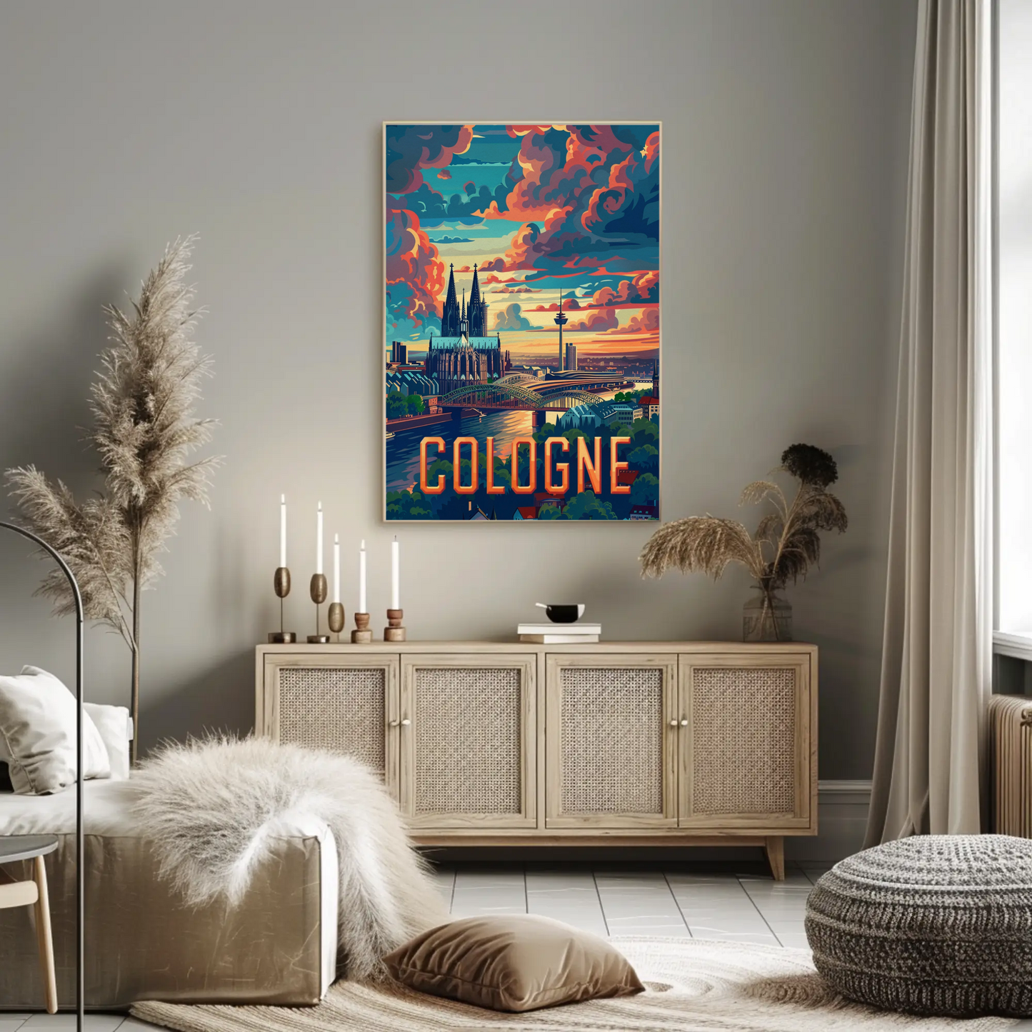 Cologne Skyline Sunset Clouds Spires Travel Poster