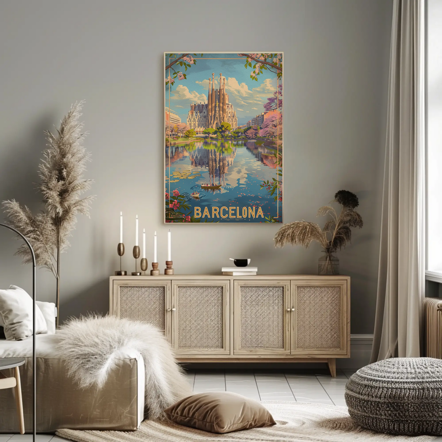 Barcelona Sagrada Familia Reflection Spring Travel Poster