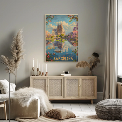 Barcelona Sagrada Familia Reflection Spring Travel Poster