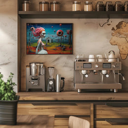Surreal Dreamscape with Pink-Haired Figure Fantasy Poster