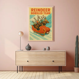 Whimsical Reindeer Sledding Vintage Sports Poster