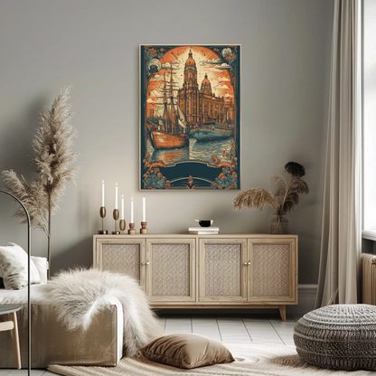 Historic Harbor Ship Architecture Floral Sunset Travel Poster