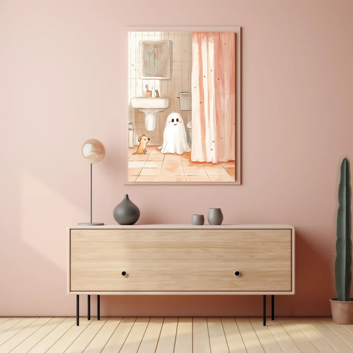 Ghost and Dog Bathroom Whimsical Illustration Cozy Poster