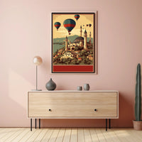 Hot Air Balloons Over Ancient Architecture Poster