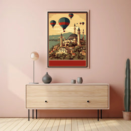 Hot Air Balloons Over Ancient Architecture Poster