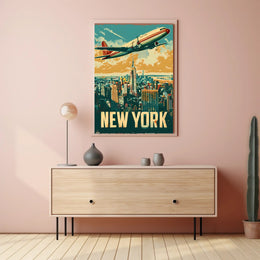 New York Skyline with Airplane Poster Vintage Wall Art