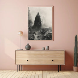 Mysterious Cloaked Figure in Foggy Terrain Fantasy Poster PosterGoat