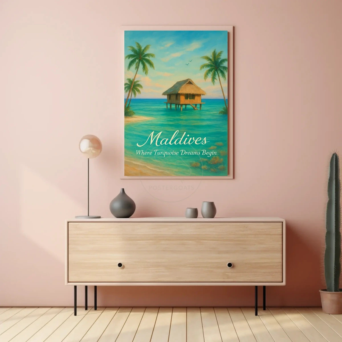 This poster vividly captures a serene tropical paradise, likely set in the Maldives, Travel Poster