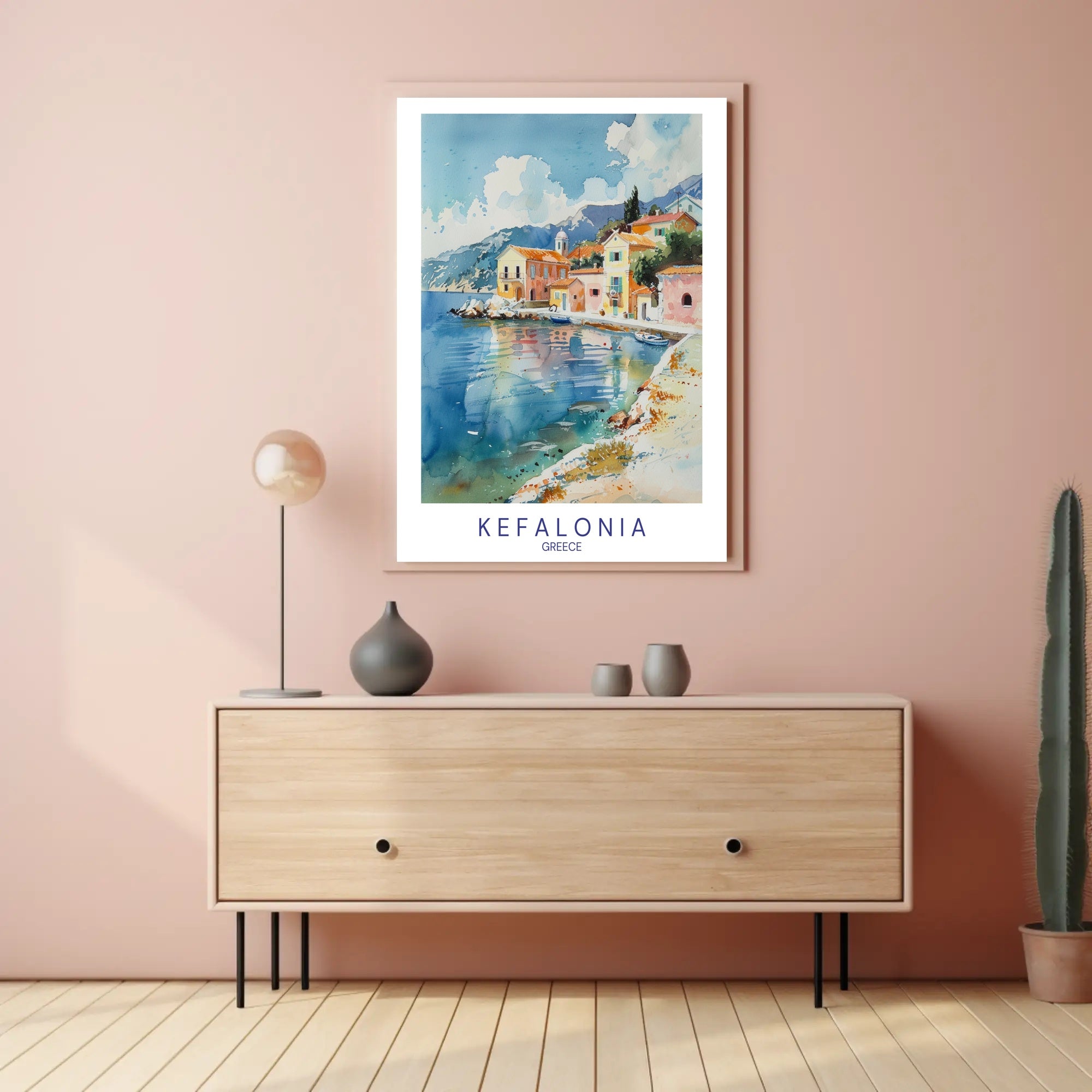 Kefalonia Coastal Serenity Watercolor Travel Poster PosterGoat