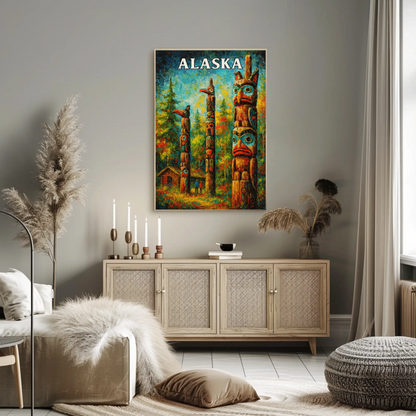 Alaska Totem Poles Native Heritage Forest Travel Poster