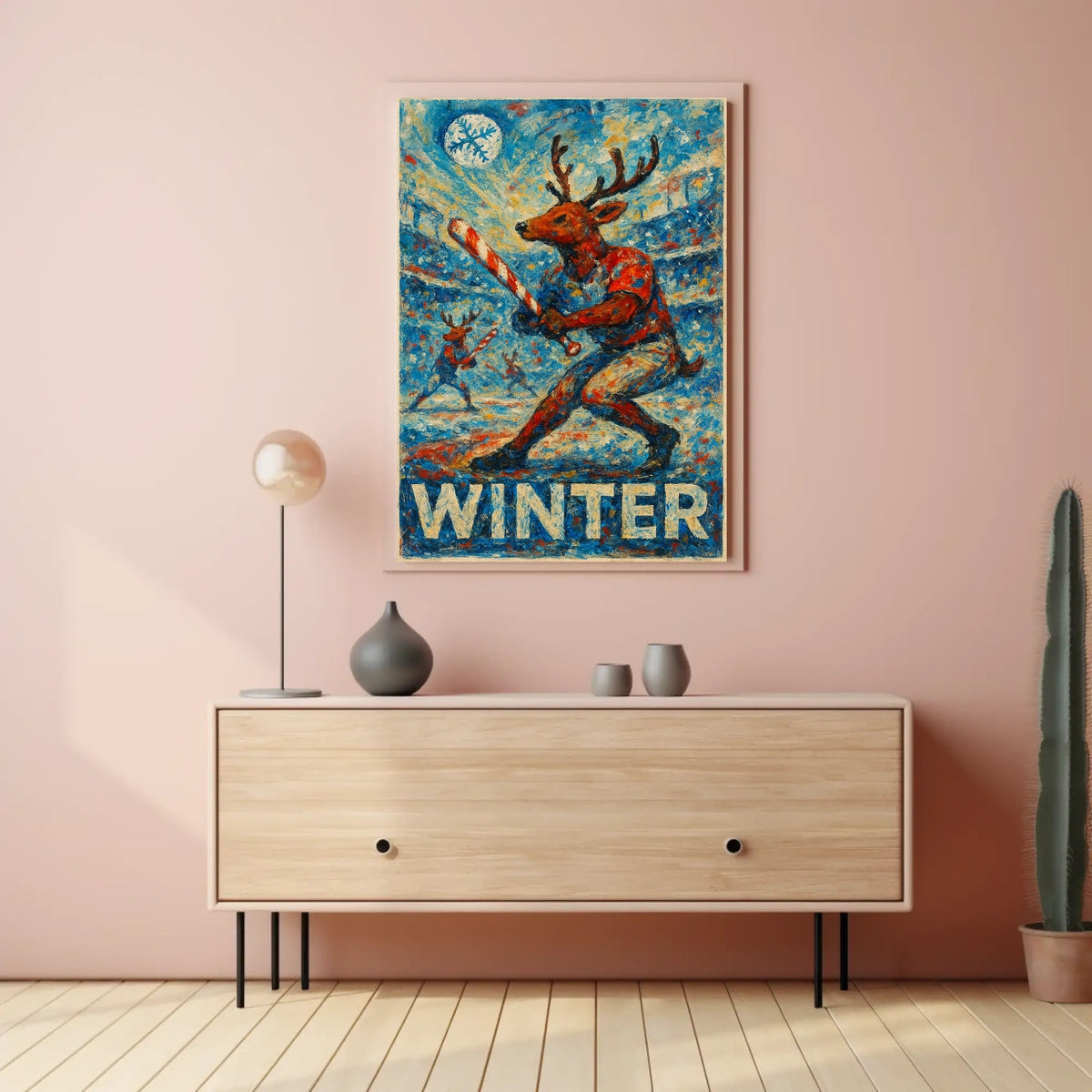 Whimsical Reindeer Baseball Candy Cane Winter Poster