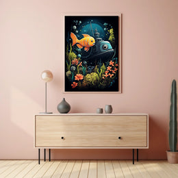 Underwater Adventure: Vintage Submarine and Orange Fish Poster