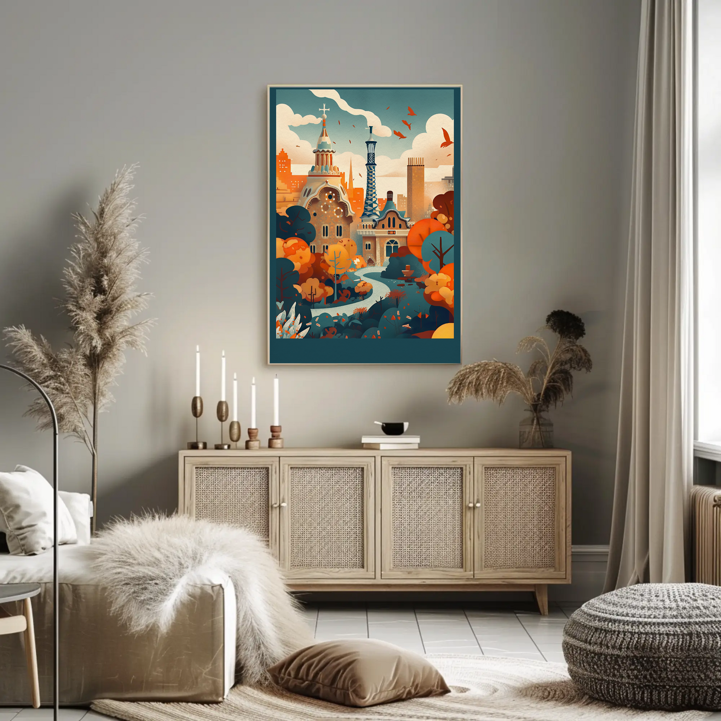 Barcelona Park Guell Surreal Skyline Travel Poster
