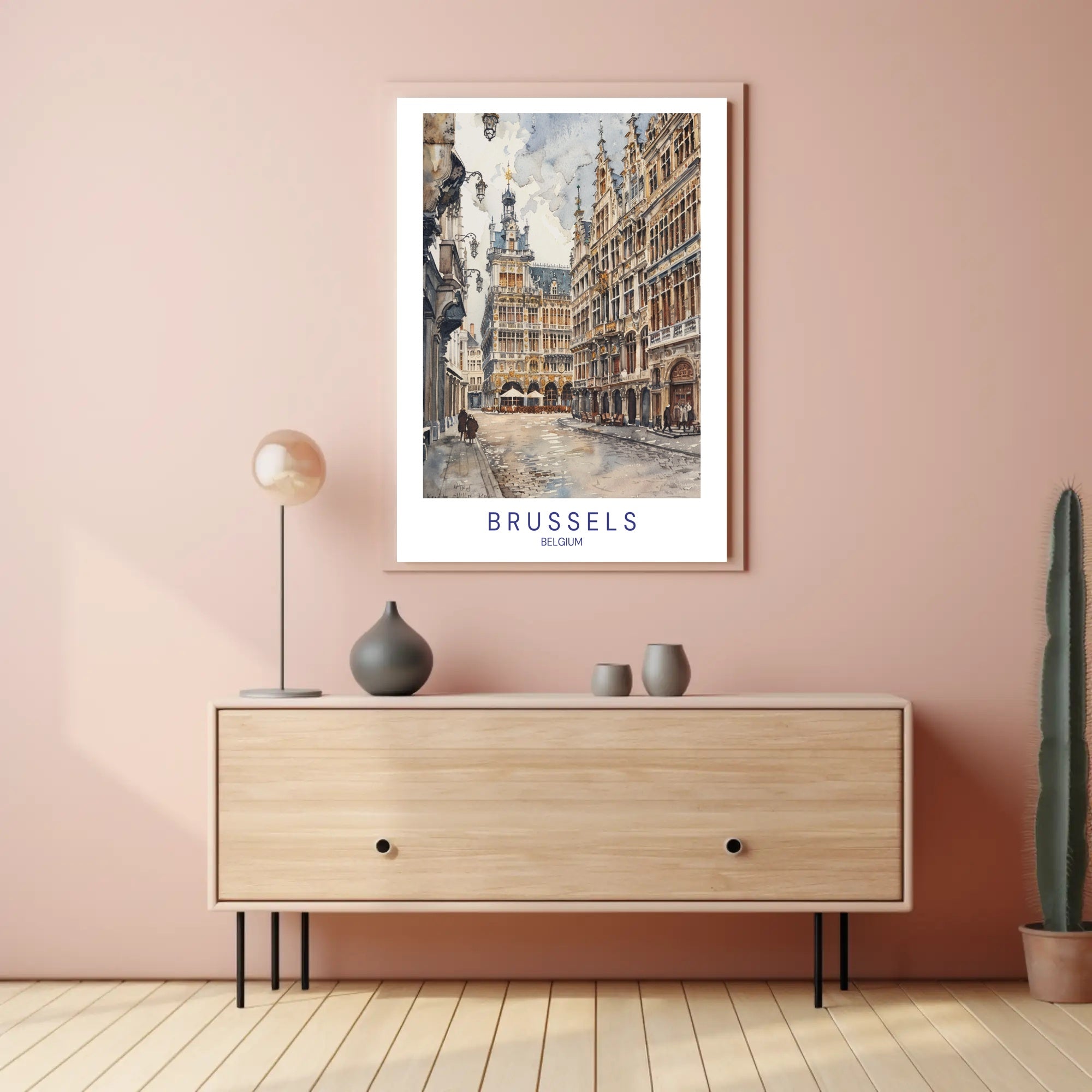 Charming Brussels Street Scene, Watercolor Urban or Cityscape Poster PosterGoat