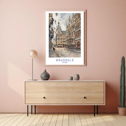 Charming Brussels Street Scene, Watercolor Urban or Cityscape Poster PosterGoat
