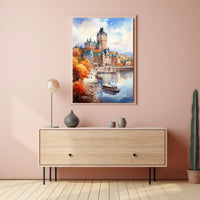 Castle Reflections on Tranquil Riverbank Travel Poster