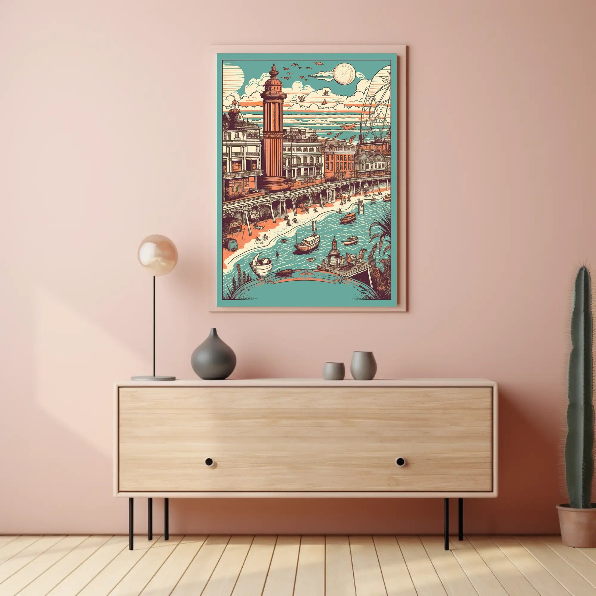 Vintage Coastal Town Illustration Poster
