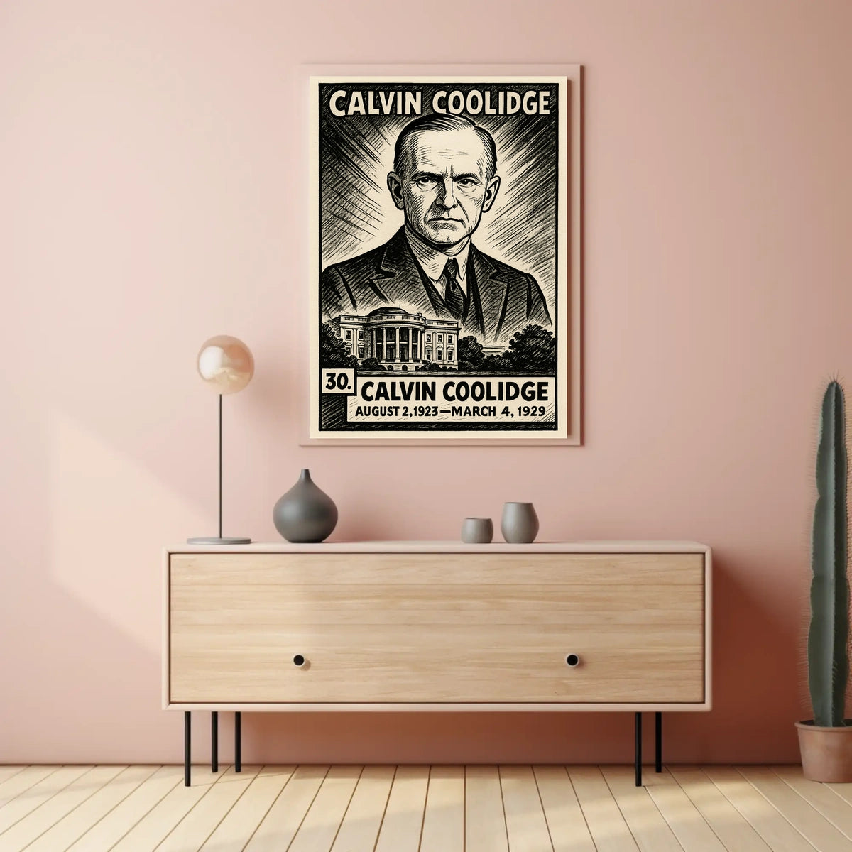 Calvin Coolidge 30th President of the United States B & W Comic Sketch Poster