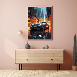 Futuristic Sports Car in Vibrant Cityscape - Futuristic Sci-Fi Poster