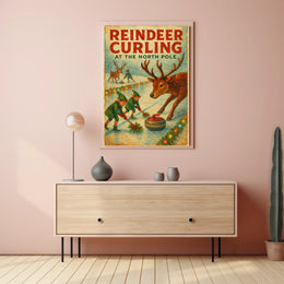 Reindeer Curling at the North Pole Poster